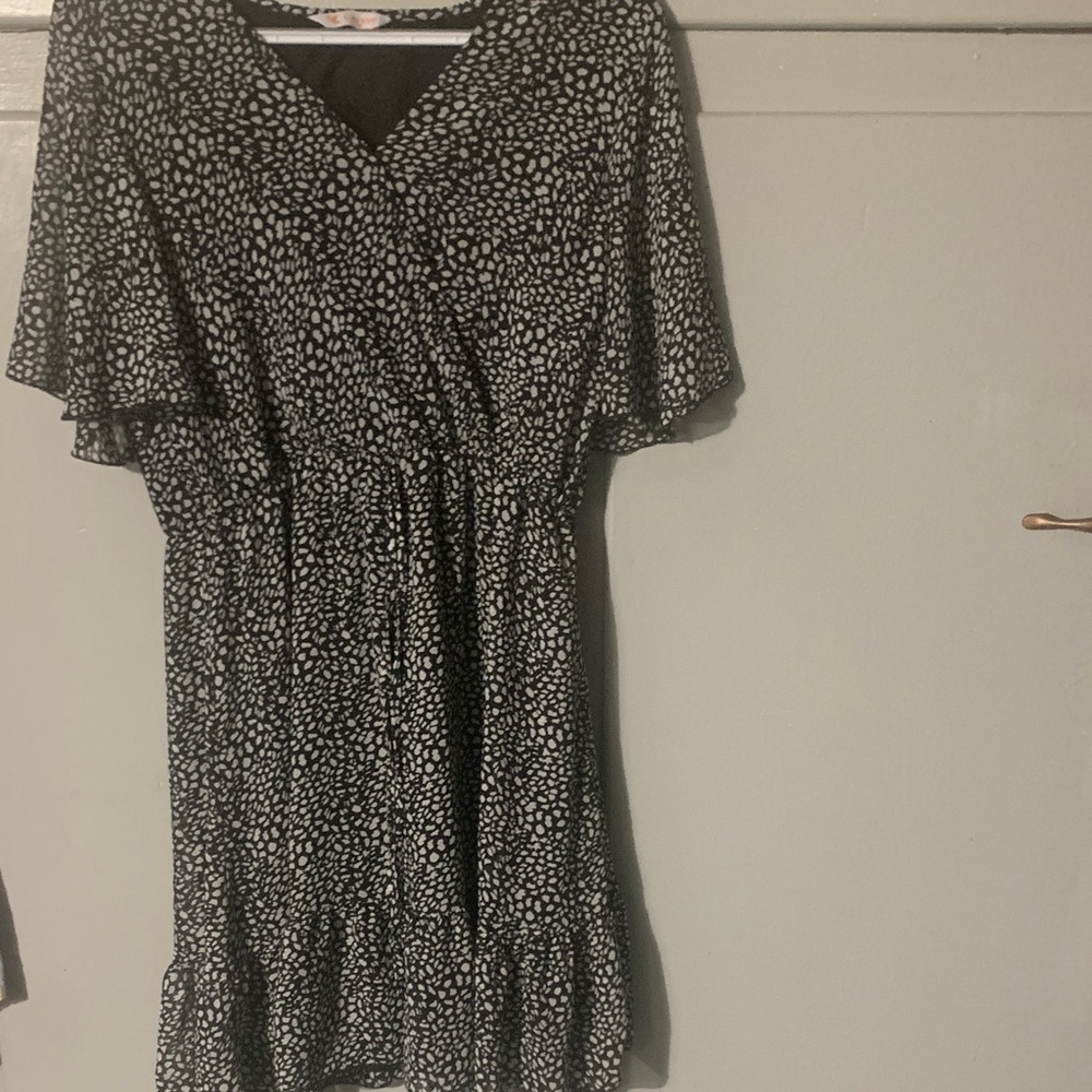 Black and White Printed V-Neck Mini Dress with Flutter Sleeves